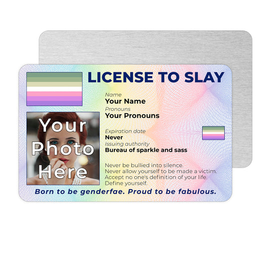Personalised License To Slay novelty wallet card with your photo, name, and pronouns featuring a Genderfae pride flag design.