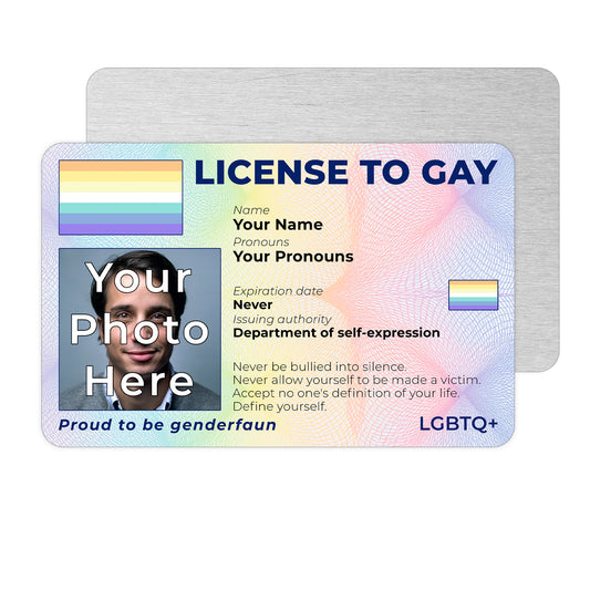 Personalised License To Gay novelty wallet card with your photo, name, and pronouns featuring a Genderfaun pride flag design.