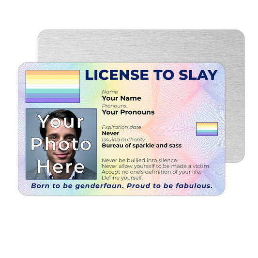 Personalised License To Slay novelty wallet card with your photo, name, and pronouns featuring a Genderfaun pride flag design.