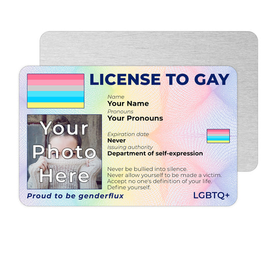 Personalised License To Gay novelty wallet card with your photo, name, and pronouns featuring a Genderflux pride flag design.