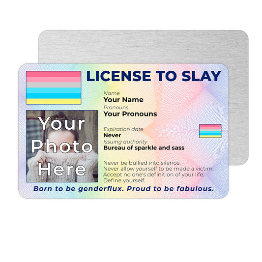 Personalised License To Slay novelty wallet card with your photo, name, and pronouns featuring a Genderflux pride flag design.