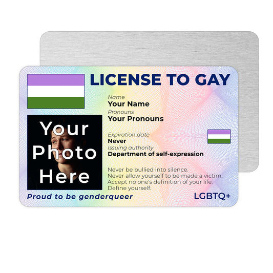 Personalised License To Gay novelty wallet card with your photo, name, and pronouns featuring a Genderqueer pride flag design.