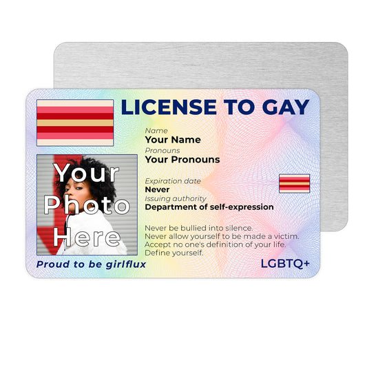 Personalised License To Gay novelty wallet card with your photo, name, and pronouns featuring a Girlflux pride flag design.