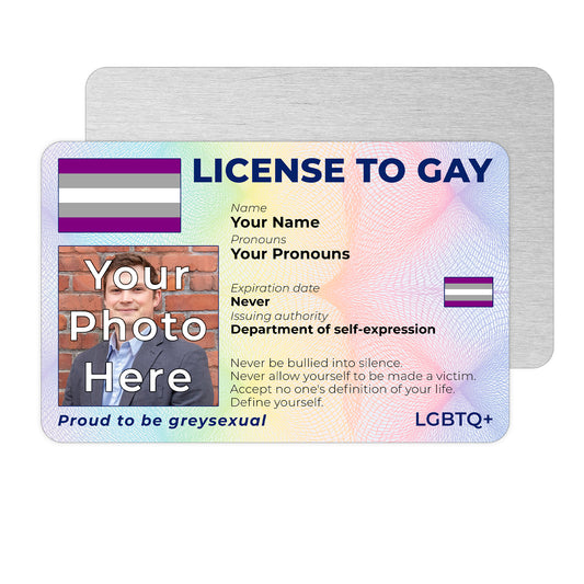 Personalised License To Gay novelty wallet card with your photo, name, and pronouns featuring a Greysexual pride flag design.