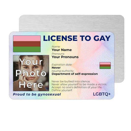Personalised License To Gay novelty wallet card with your photo, name, and pronouns featuring a Gynosexual pride flag design.
