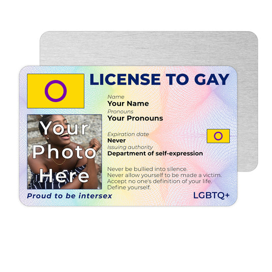 Personalised License To Gay novelty wallet card with your photo, name, and pronouns featuring a Intersex pride flag design.