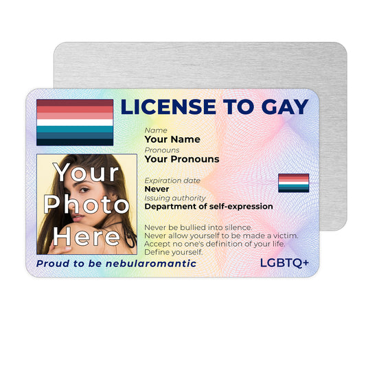 Personalised License To Gay novelty wallet card with your photo, name, and pronouns featuring a nebularomantic pride flag design.