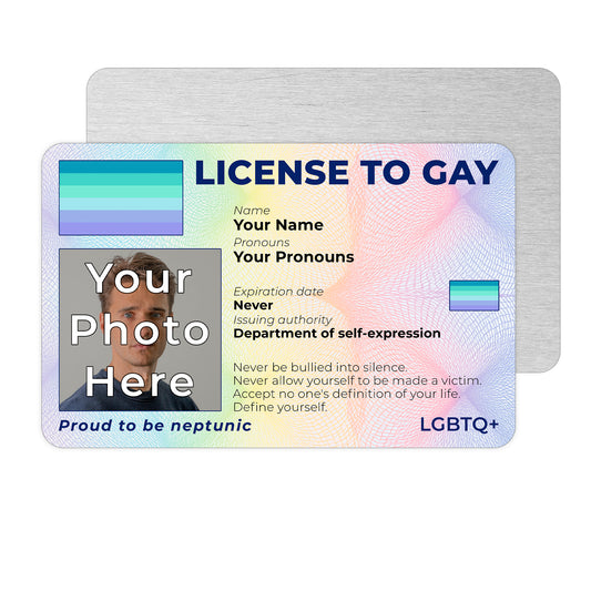 Personalised License To Gay novelty wallet card with your photo, name, and pronouns featuring a Neptunic pride flag design.