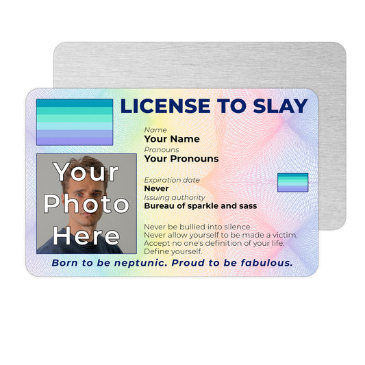 Personalised License To Slay novelty wallet card with your photo, name, and pronouns featuring a Neptunic pride flag design.