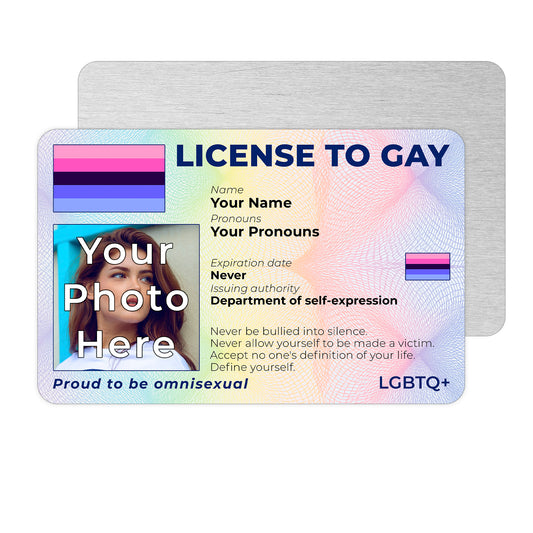 Personalised License To Gay novelty wallet card with your photo, name, and pronouns featuring a Omnisexual pride flag design.