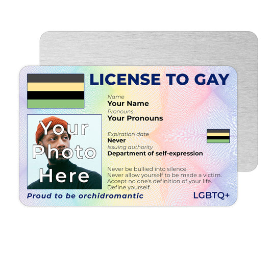 Personalised License To Gay novelty wallet card with your photo, name, and pronouns featuring a Orchidromantic pride flag design.