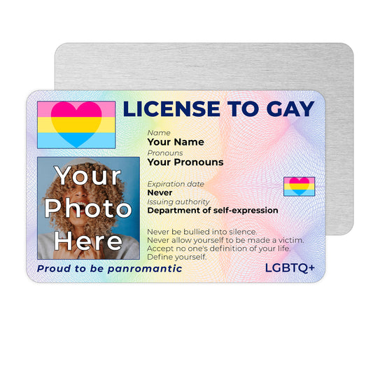 Personalised License To Gay novelty wallet card with your photo, name, and pronouns featuring a Panromantic pride flag design.