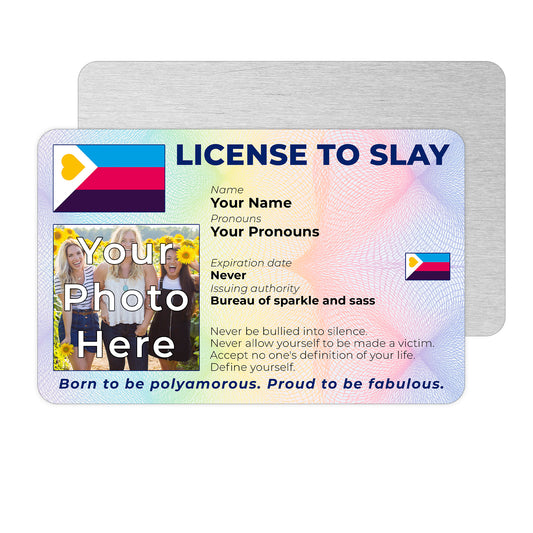 Personalised License To Slay novelty wallet card with your photo, name, and pronouns featuring a Polyamorous pride flag design.