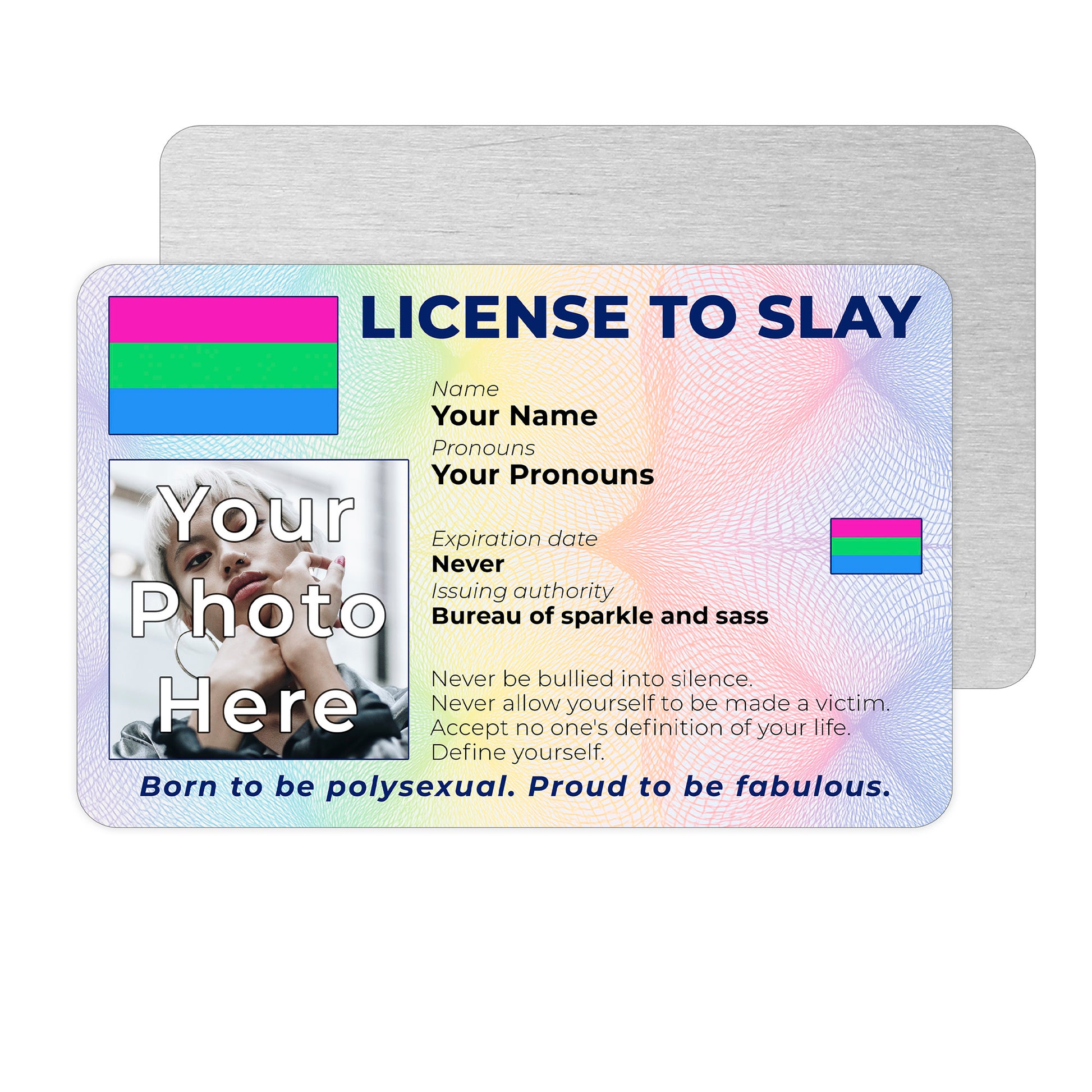Personalised License To Slay novelty wallet card with your photo, name, and pronouns featuring a Polysexual pride flag design.