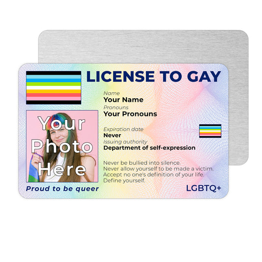 Personalised License To Gay novelty wallet card with your photo, name, and pronouns featuring a Queer pride flag design.