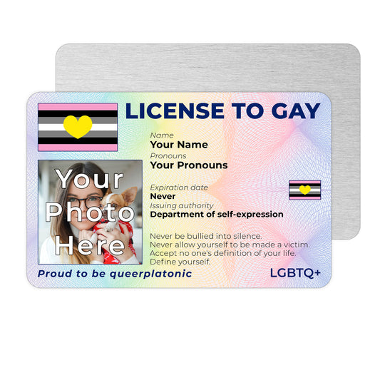 Personalised License To Gay novelty wallet card with your photo, name, and pronouns featuring a Queerplatonic pride flag design.
