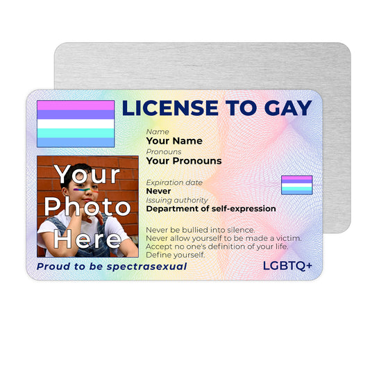 Personalised License To Gay novelty wallet card with your photo, name, and pronouns featuring a Spectrasexual pride flag design.