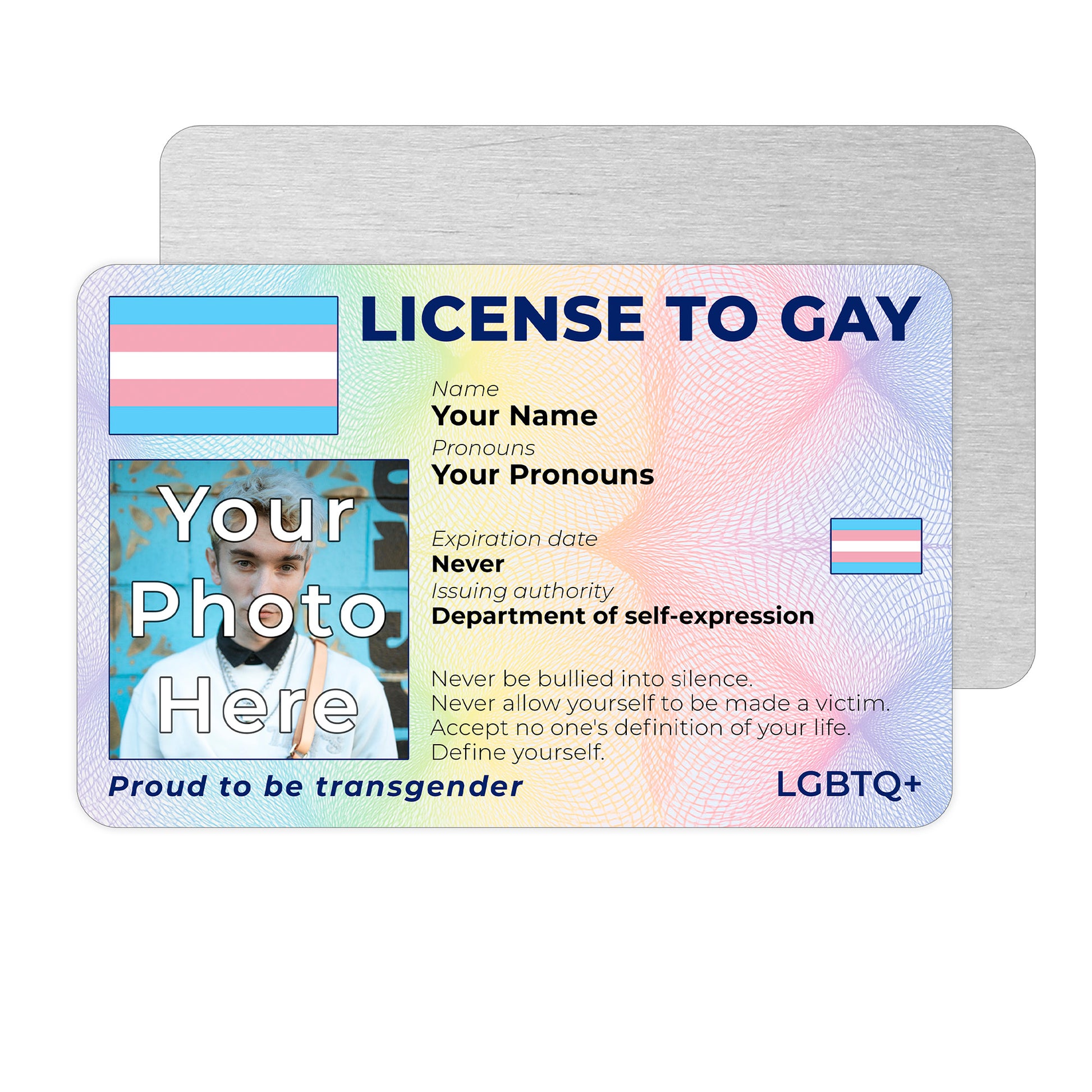 Personalised License To Gay novelty wallet card with your photo, name, and pronouns featuring a Transgender pride flag design.