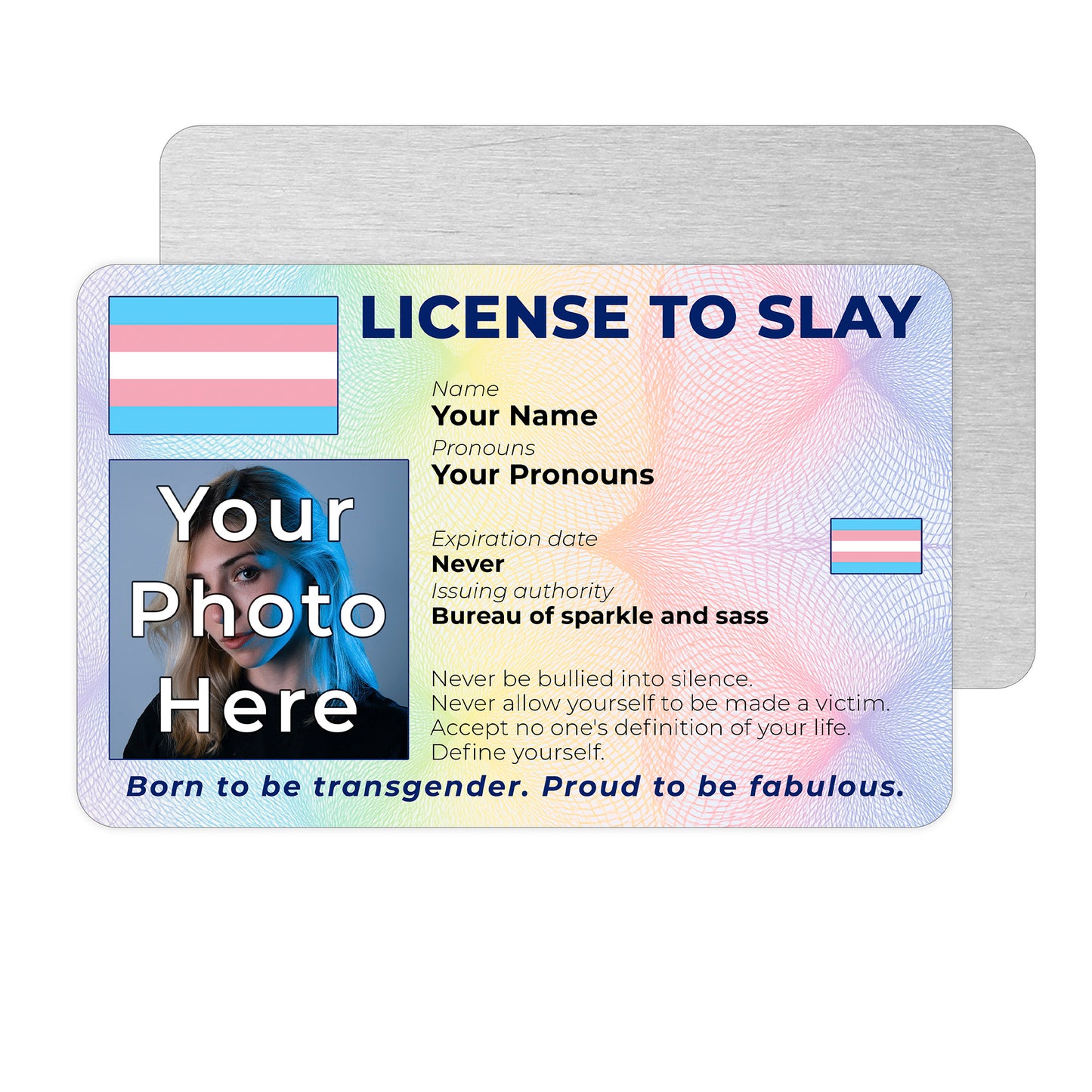 Personalised License To Slay novelty wallet card with your photo, name, and pronouns featuring a Transgender pride flag design.