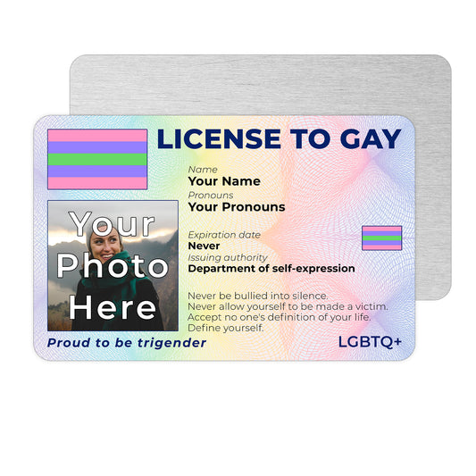 Personalised License To Gay novelty wallet card with your photo, name, and pronouns featuring a Trigender pride flag design.