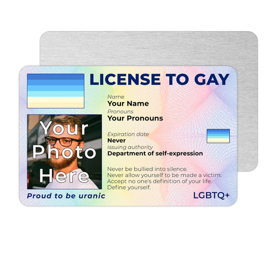Personalised License To Gay novelty wallet card with your photo, name, and pronouns featuring a Uranic pride flag design.