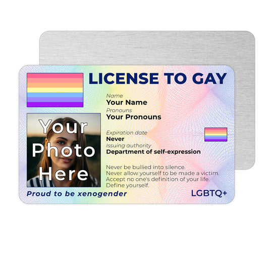 Personalised License To Gay novelty wallet card with your photo, name, and pronouns featuring a Xenogender pride flag design.