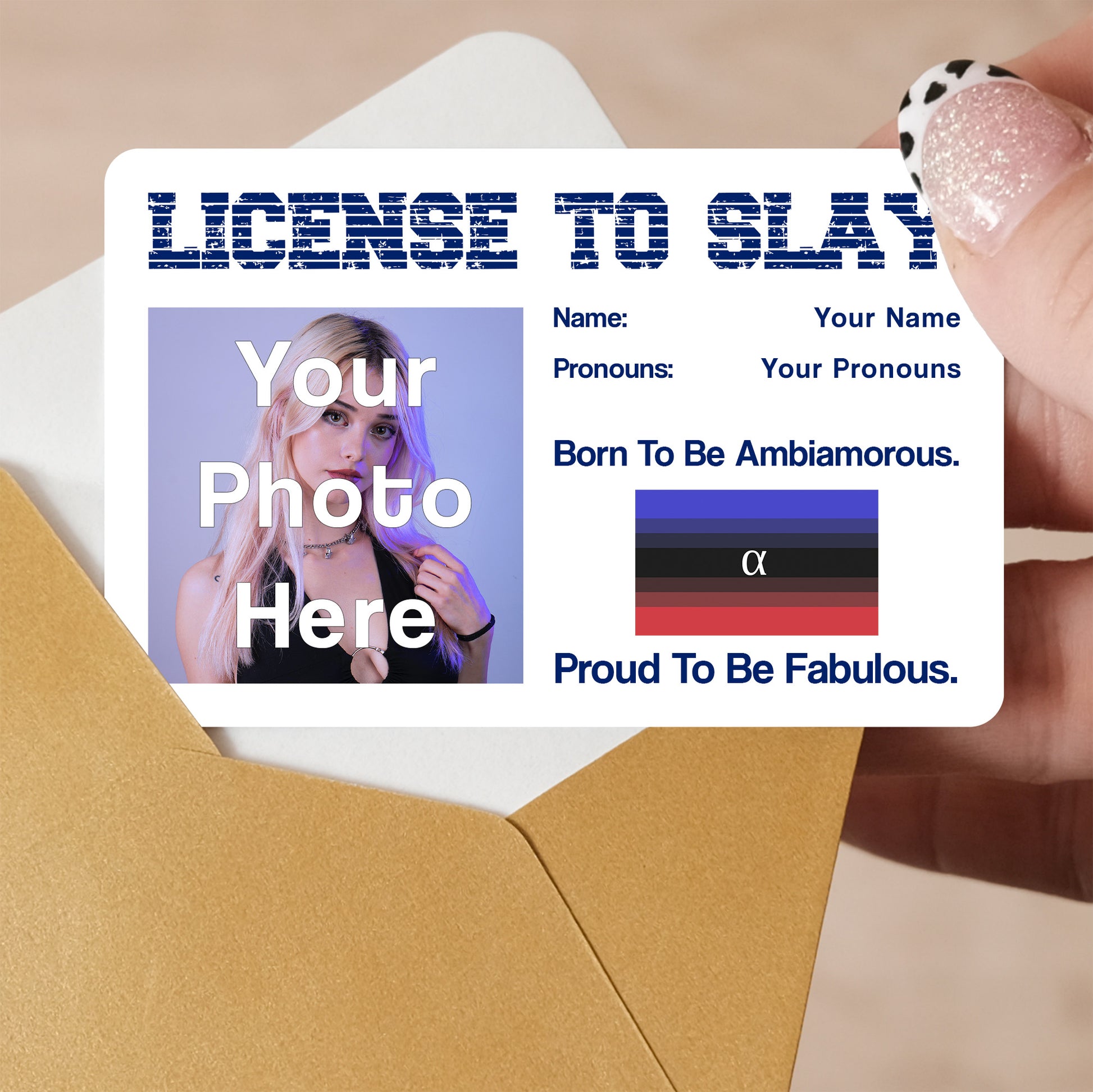 Ambiamorous pride personalised license to slay card