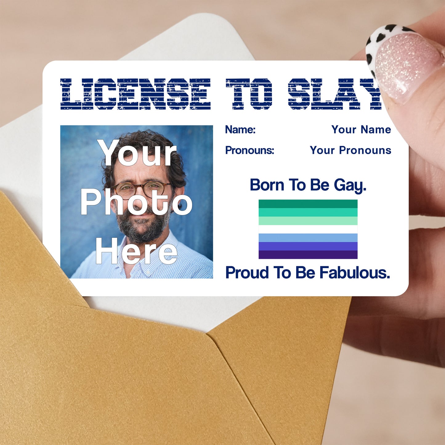 Gay man pride men loving men personalised license to slay card