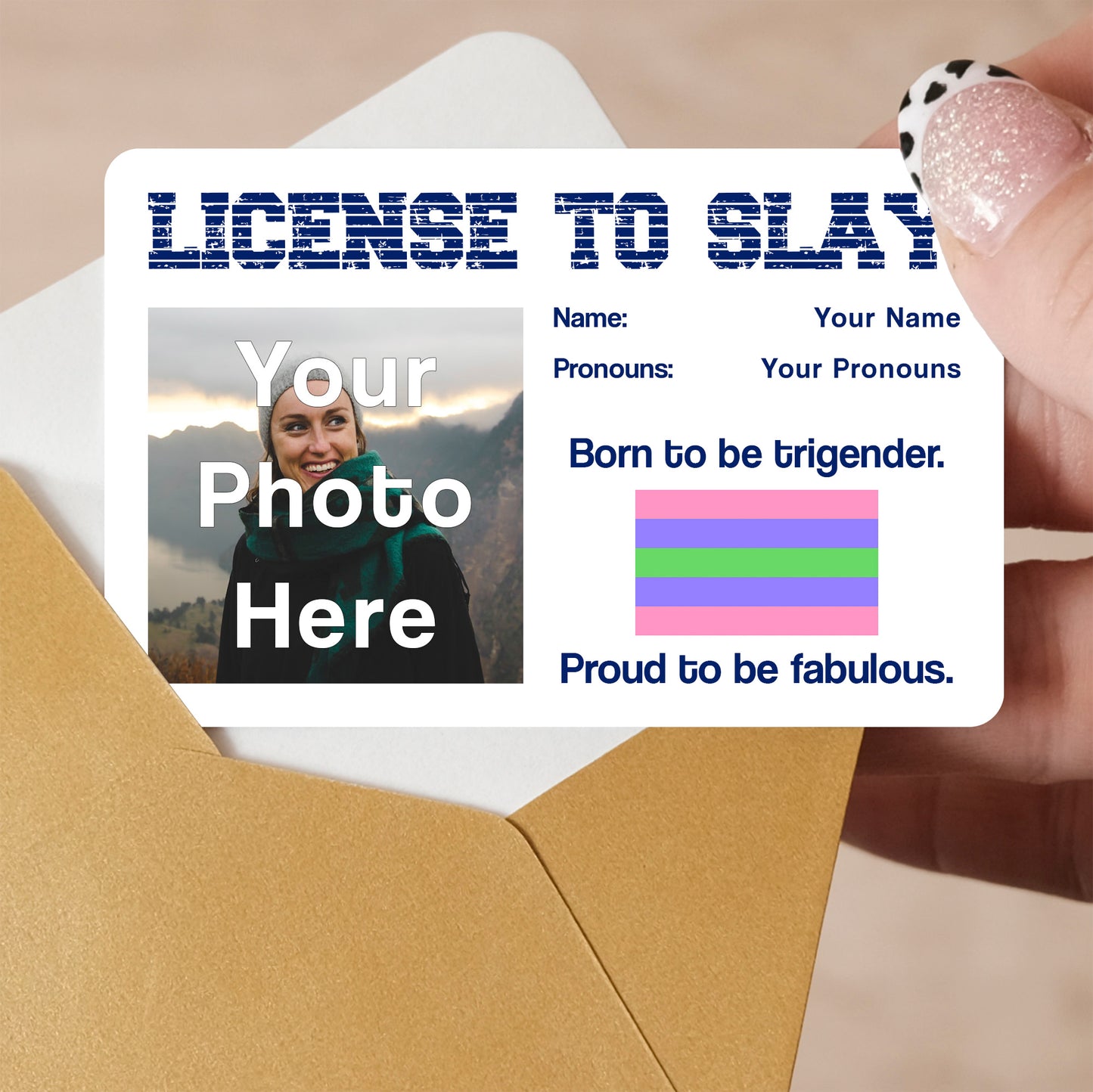 Trigender pride personalised license to slay aluminium card